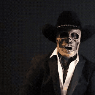 costume de squelette halloween réaliste avec chapeau et tête tournante, effet animé