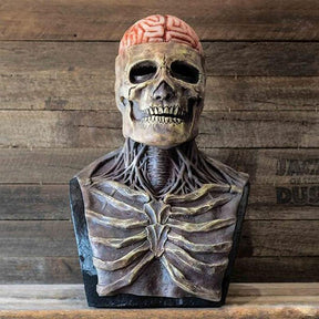 costume halloween squelette réaliste avec crâne et cerveau apparents, effet terrifiant