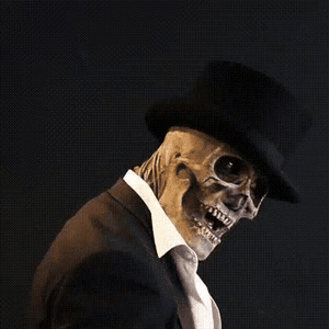 costume de squelette halloween avec chapeau et effet de tête qui pivote