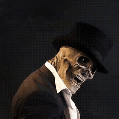 costume de squelette halloween avec chapeau et effet de tête qui pivote