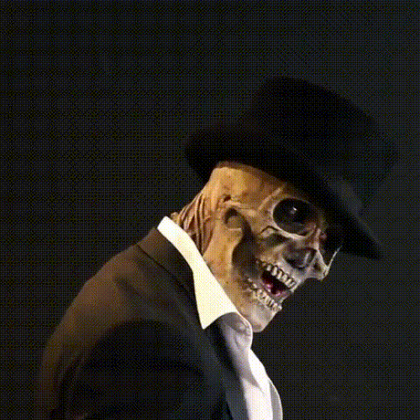 costume de squelette halloween avec chapeau et effet de tête qui pivote