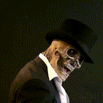 costume de squelette halloween avec chapeau et effet de tête qui pivote