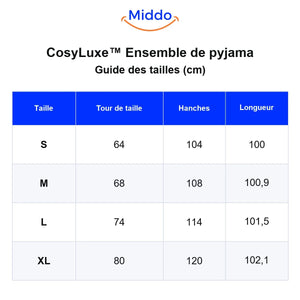 Guide des tailles CosyLuxe en centimètres, du S au XL