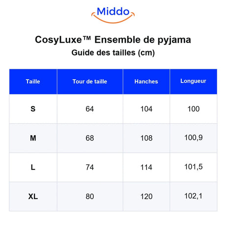 Guide des tailles CosyLuxe en centimètres, du S au XL