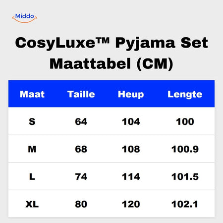 cosyluxe pyjama set maattabel s tot xl cm informatie www.middo.nl