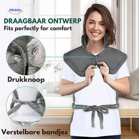 coussin chauffant portable avec sangles réglables pour maintien sur les épaules