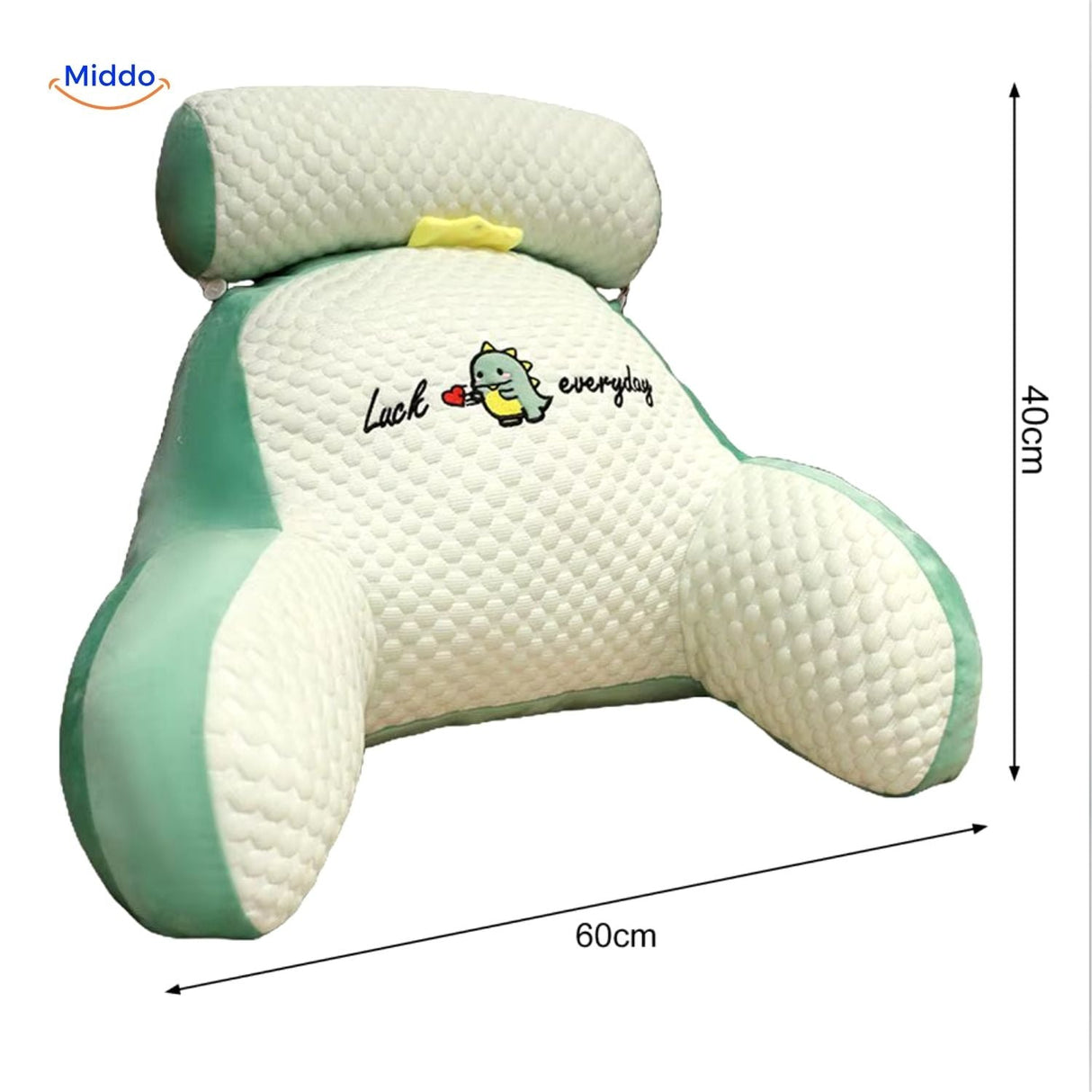 coussin lombaire motif dinosaure vert avec texte explicatif des bénéfices