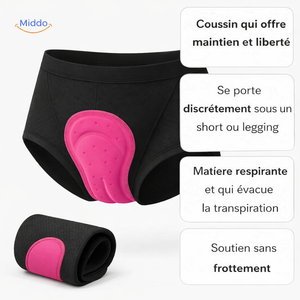 cuissard femme avec coussin gel 5D porté en situation de cyclisme, coupe ajustée
