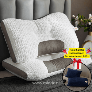 oreiller cervical ergonomique avec 2 taies en velours bleu marine offertes, sur un lit