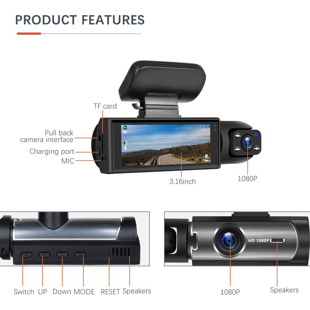 dashcam pro 1080p double lentille avec enregistrement en boucle automatique avant et arrière