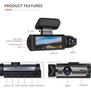 dashcam pro 1080p double lentille avec enregistrement en boucle automatique avant et arrière