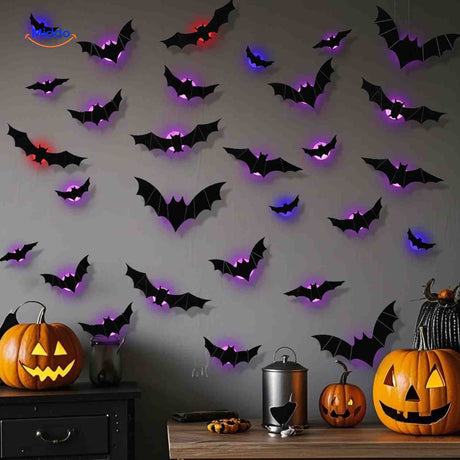 décoration murale halloween avec chauves-souris 3d et lumière led, stickers effrayants pour soirée