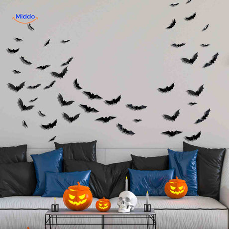 décoration murale halloween chauves-souris 3d led, stickers lumineux pour pièce à thème