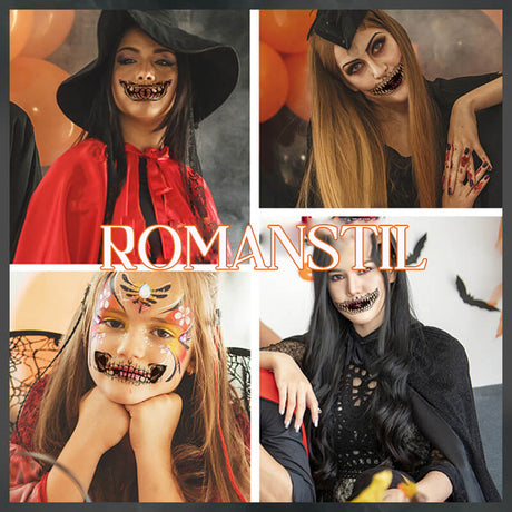 groupe en costumes halloween avec tatouages horreur réalistes sur le visage