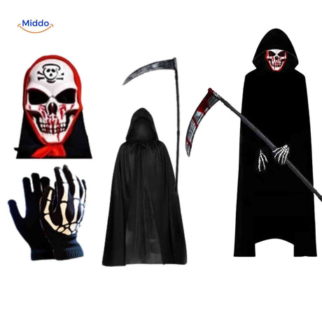 déguisement halloween effrayant avec cape et faux de la mort en situation