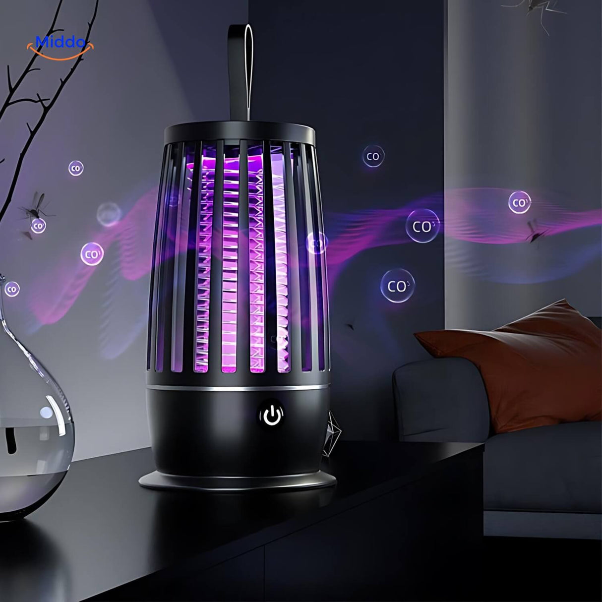 désinsectiseur UV design moderne en action, alimentation USB, vue rapprochée du produit