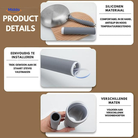 détails et guide d'installation du protège-poignée en silicone pour casseroles