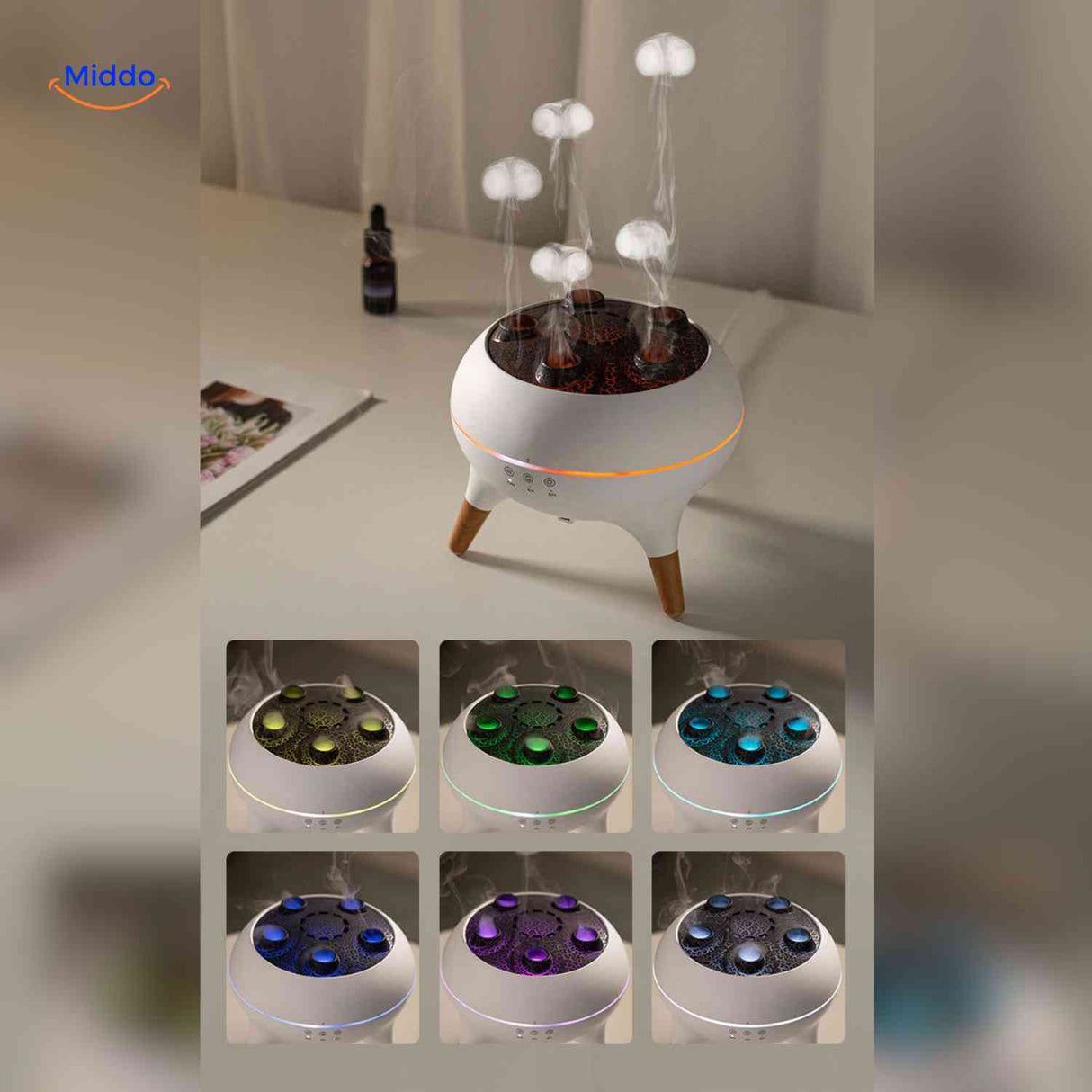 diffuseur aromatique avec éclairage multicolore et nuage de brume décoratif