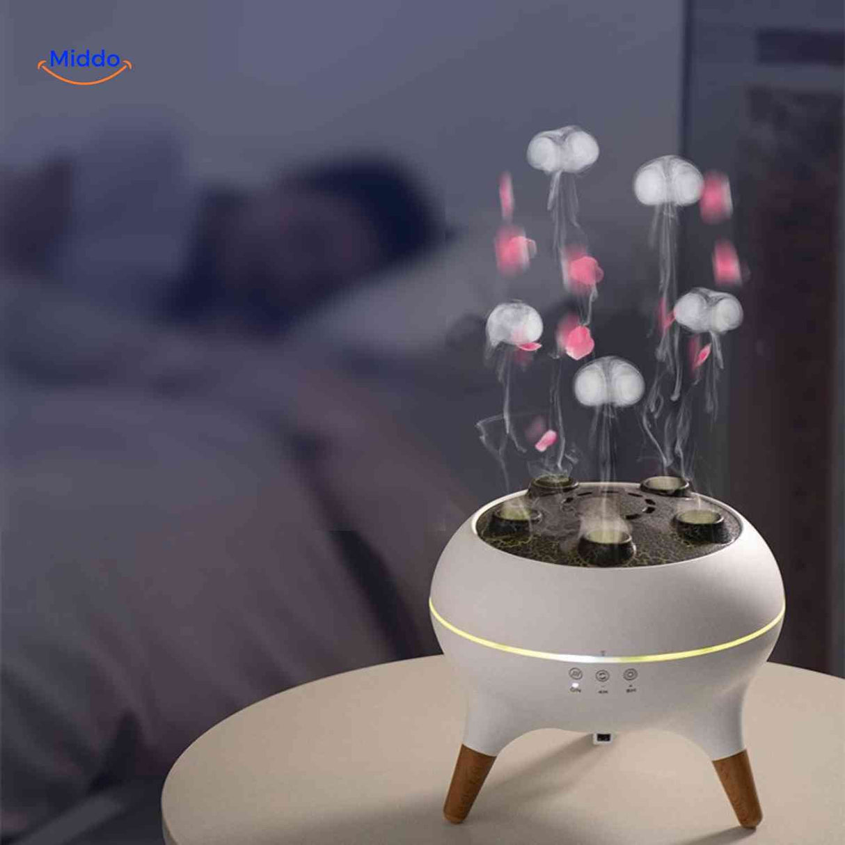diffuseur flamora allumé la nuit avec vapeur et effets de lumière colorés