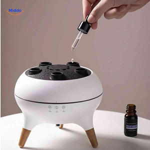 remplissage du diffuseur flamora avec une pipette et un flacon d'huile essentielle