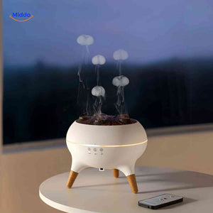 diffuseur d'arôme flamora utilisé le soir avec télécommande, lumière douce et brume