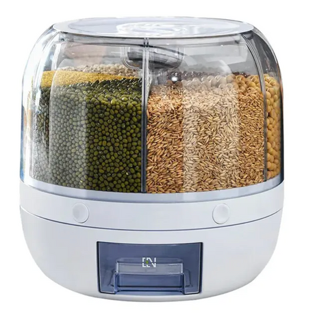 distributeur de céréales rotatif blanc avec plusieurs compartiments remplis de différents types de grains et légumineuses