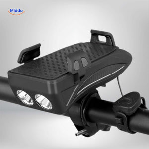 double lampe LED pour vélo en coloris rouge, intégrée au gadget support téléphone