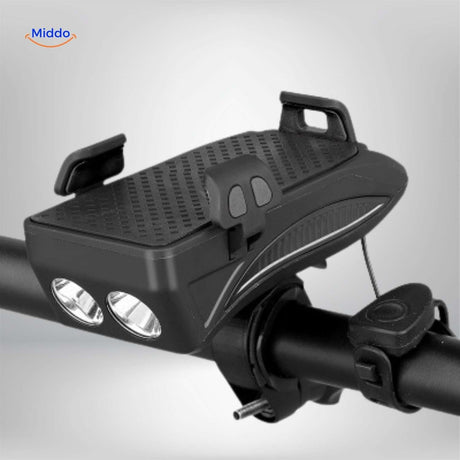 double lampe LED pour vélo en coloris rouge, intégrée au gadget support téléphone