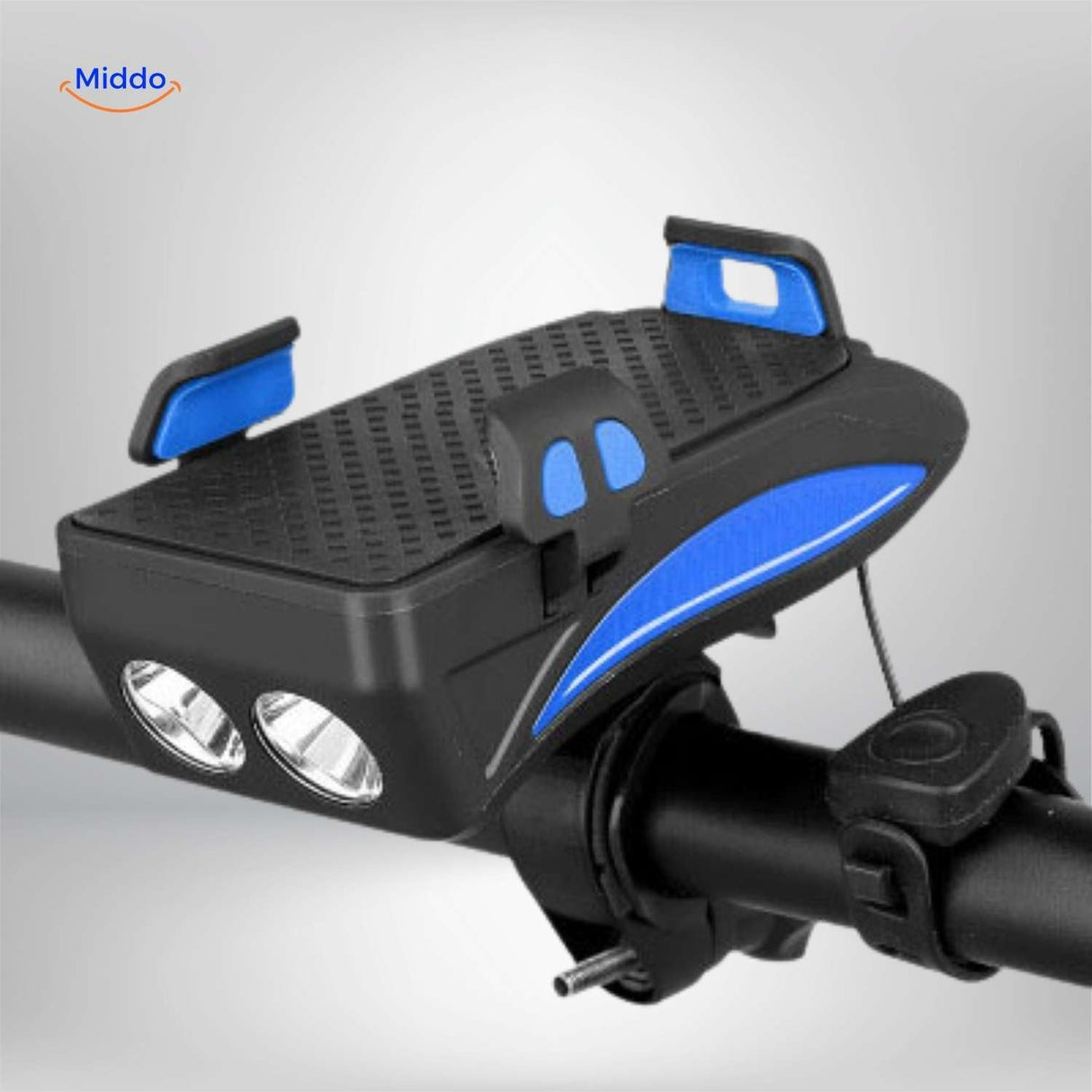 double lampe LED pour vélo en coloris noir, partie du gadget 4-en-1 avec powerbank