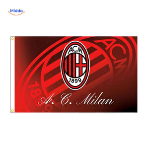 drapeau AC Milan avec logo officiel aux couleurs rouge et noir, pour supporters rossoneri