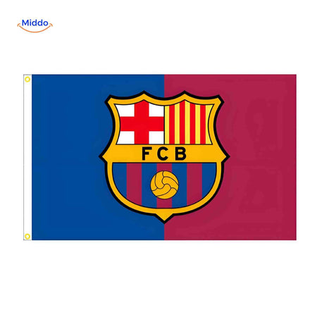 drapeau FC Barcelone avec logo du club au design élaboré, résistant et coloré pour fans