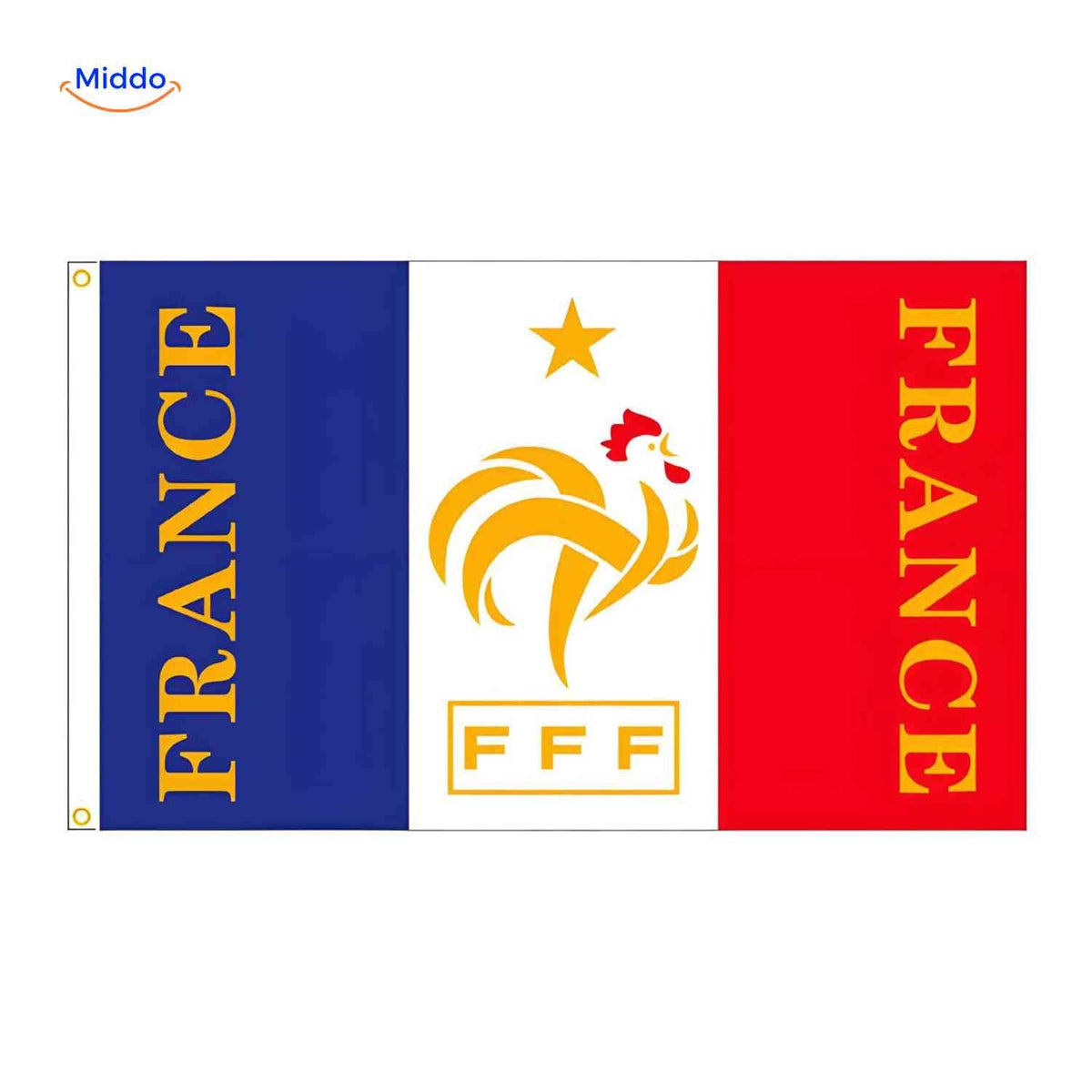 drapeau de l'équipe de France avec logo FFF, idéal pour supporter les Bleus en coupe du monde