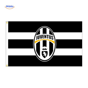 drapeau Juventus aux rayures noir et blanc emblématiques, parfait pour décorer votre espace fan
