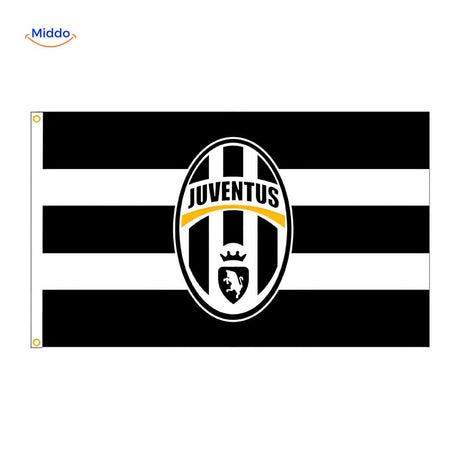 drapeau Juventus aux rayures noir et blanc emblématiques, parfait pour décorer votre espace fan