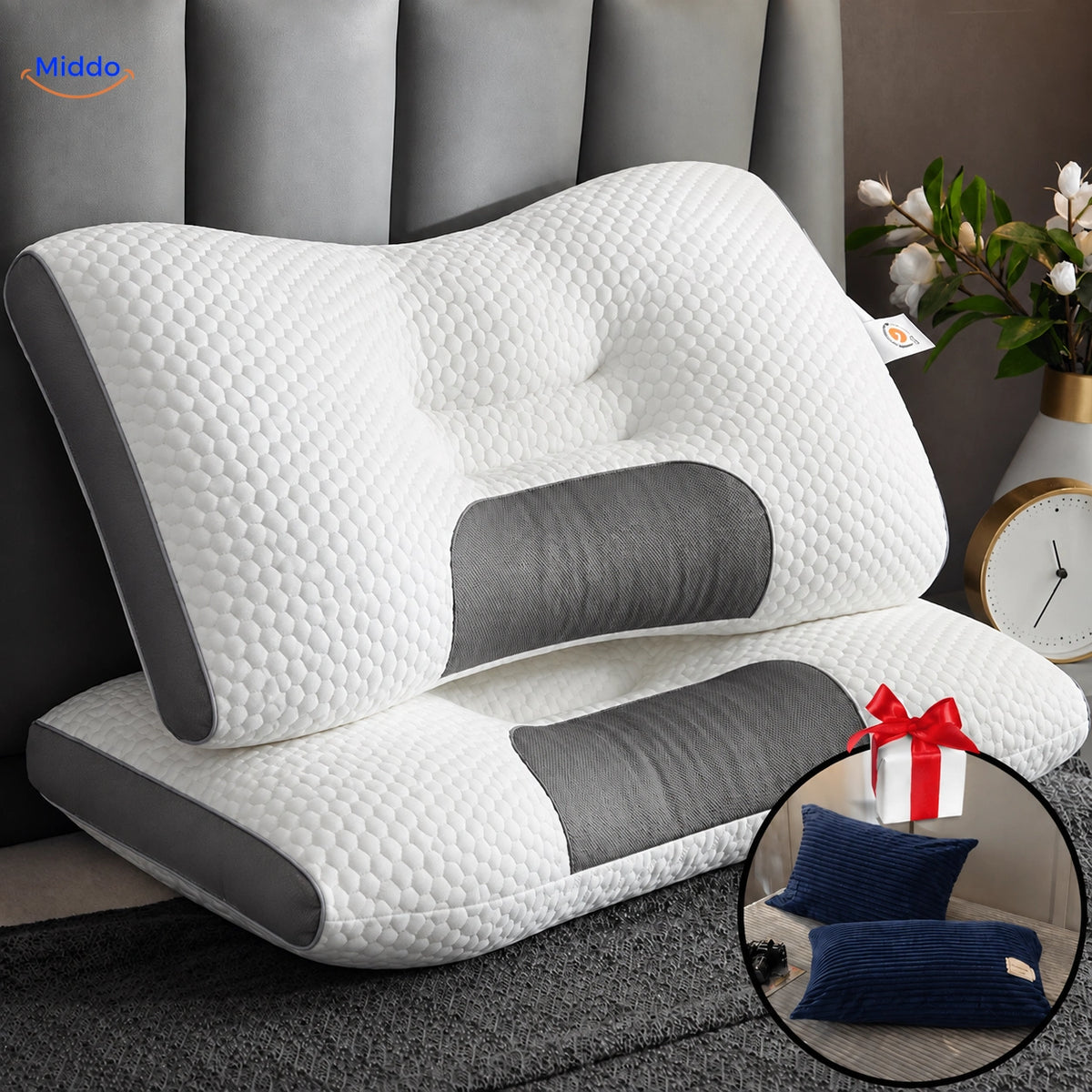 Oreiller DreamGuard Pro nid d’abeille avec 2 taies offertes – Bleu foncé