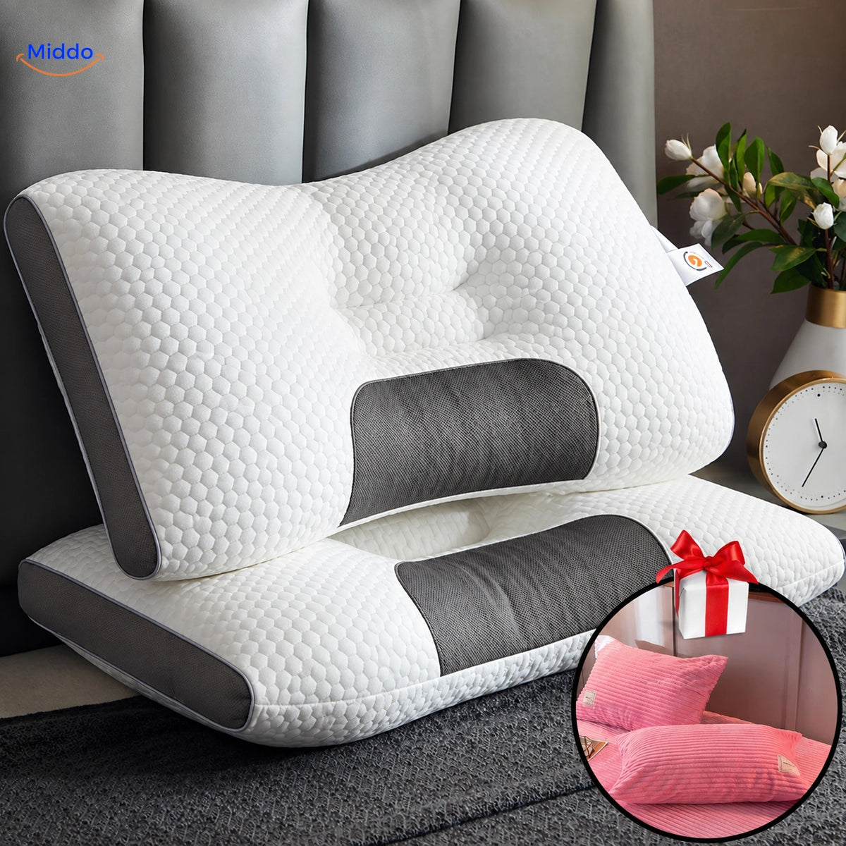Oreiller DreamGuard Pro nid d’abeille avec 2 taies offertes – Rose