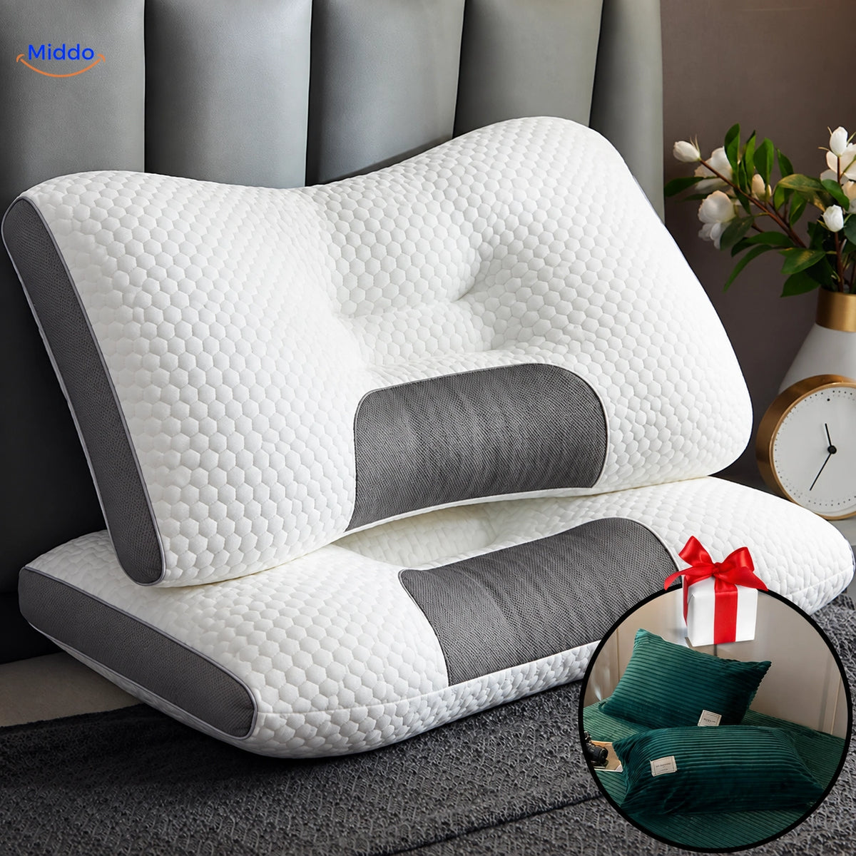Oreiller DreamGuard Pro nid d’abeille avec 2 taies offertes – Vert Foncé