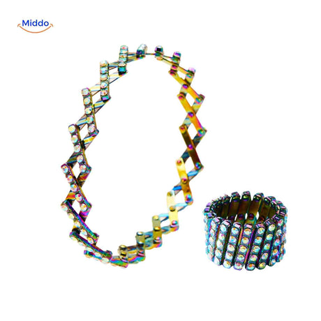 duo multicolore : bague réglable et bracelet morphix strass portés ensemble en look assorti