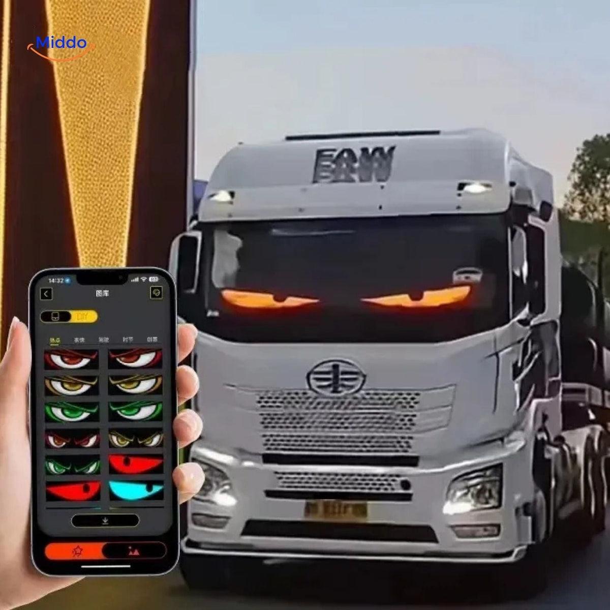 écran LED matrix avec lampes oranges monté sur un camion, effets lumineux intenses visibles de nuit