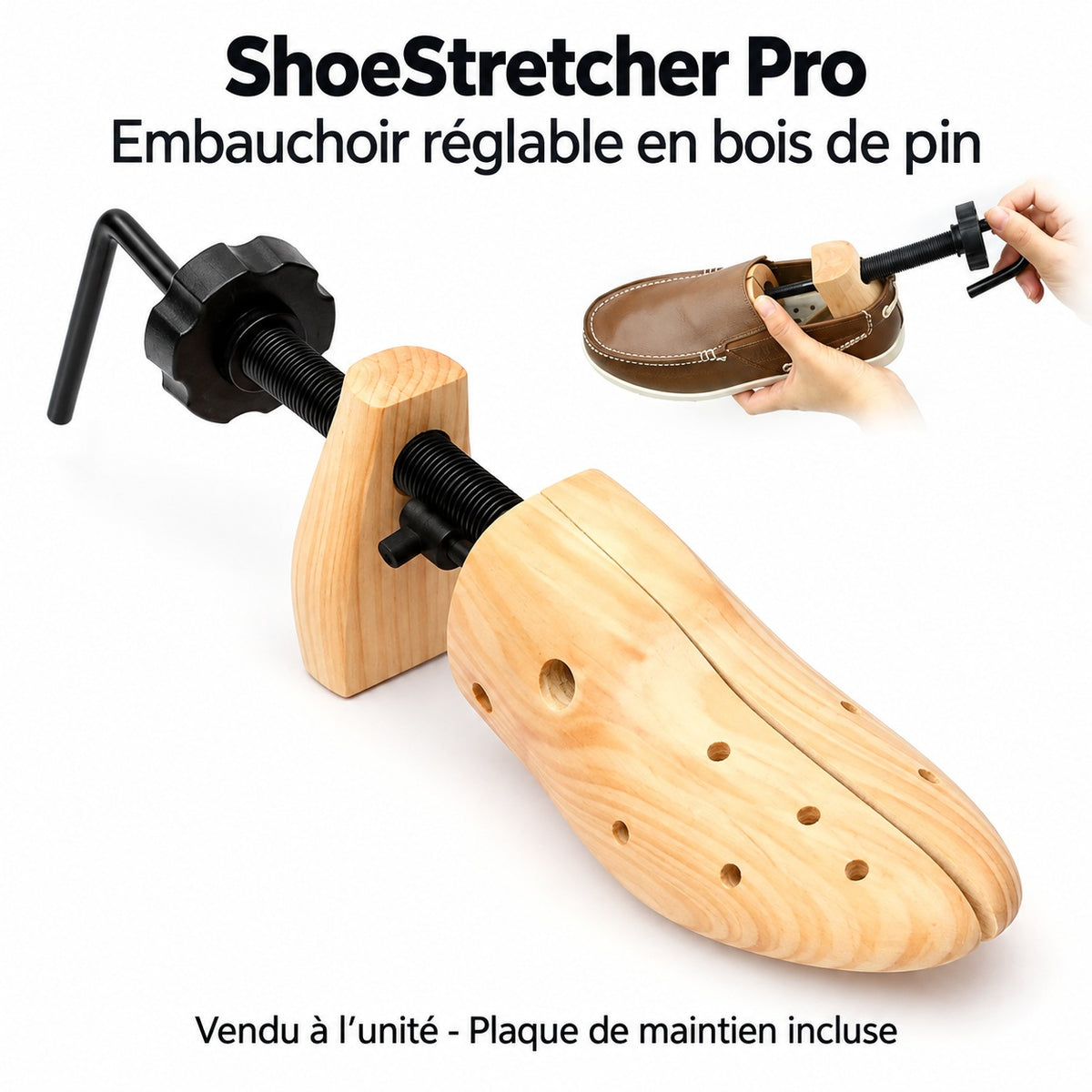 Embauchoir réglable ShoeStretcher Pro en bois de pin, vendu à l’unité avec plaque de maintien incluse.