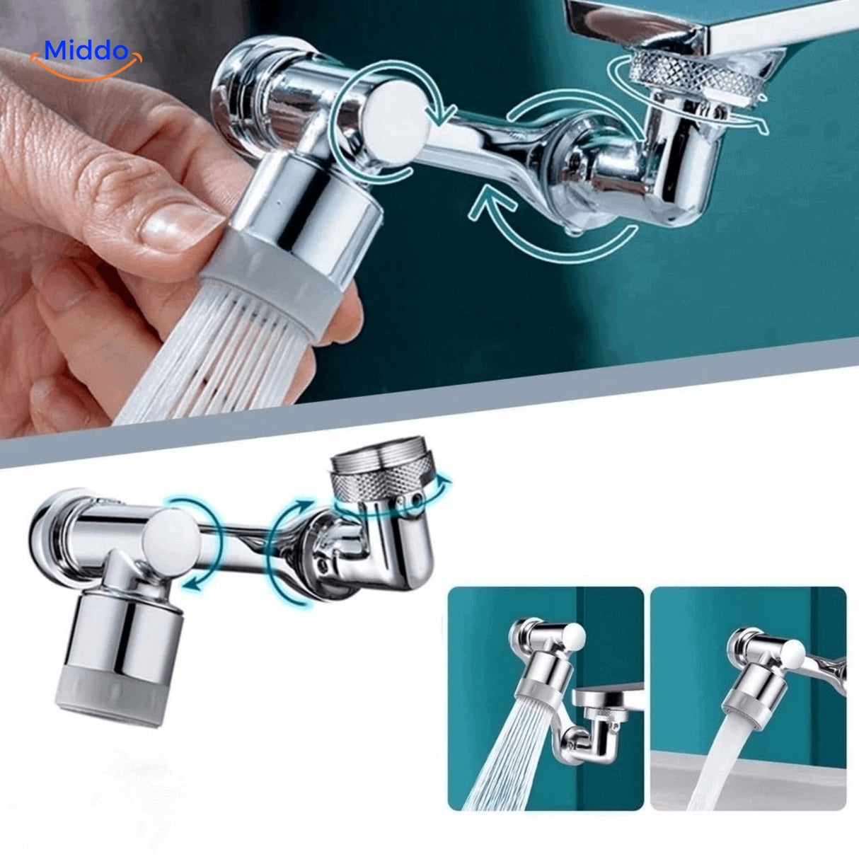 embout de robinet rotatif 1080°, vue d'ensemble avec toutes les possibilités de rotation