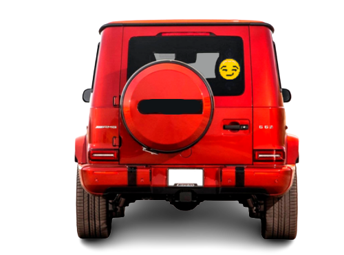jeep rouge avec emoji pixel affiche sur la vitre arriere, fond damier noir et gris
