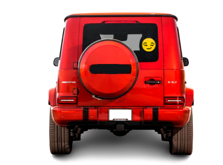 jeep rouge avec emoji pixel affiche sur la vitre arriere, fond damier noir et gris