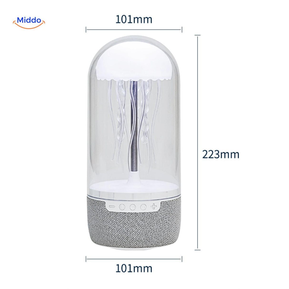 vue complete de l'enceinte bluetooth avec dimensions annotees en millimetres pour chaque cote