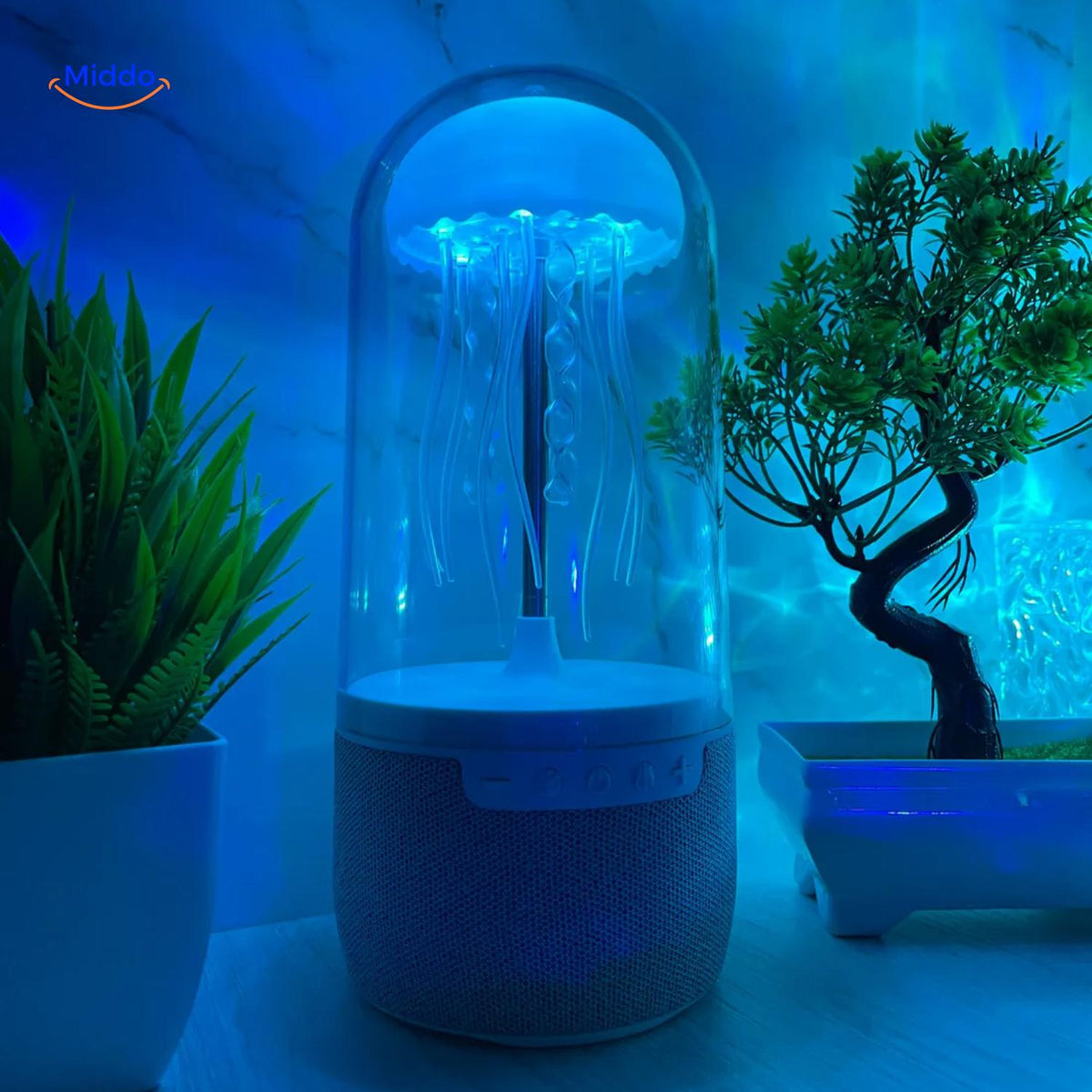 enceinte bluetooth jellyglow theme meduse avec lumiere bleue apaisante et plantes decoratives