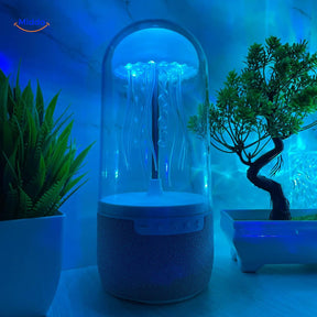 enceinte bluetooth jellyglow theme meduse avec lumiere bleue apaisante et plantes decoratives