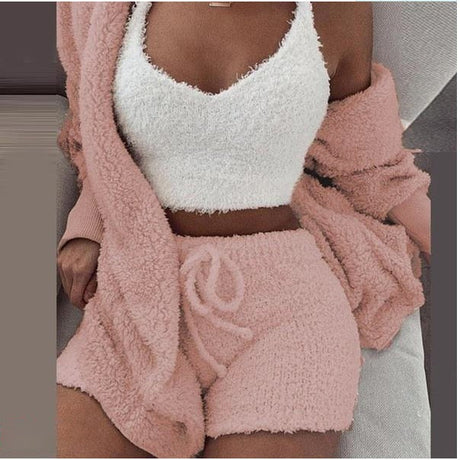 ensemble confort 3 pièces coloris rose : top, short et veste coordonnés