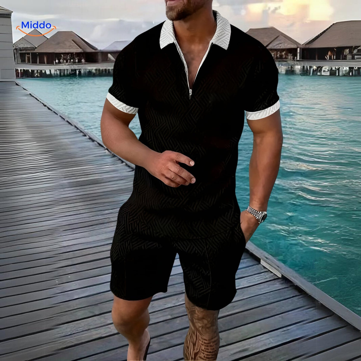 ensemble estival 2 pièces chemise légère et short coloris mixte porté en vacances
