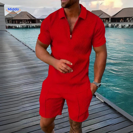 ensemble estival 2 pièces chemise légère et short rouge porté en vacances