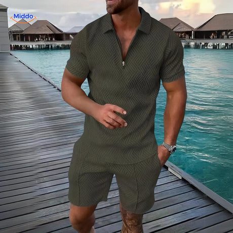 ensemble estival 2 pièces chemise légère et short vert militaire en situation vacances